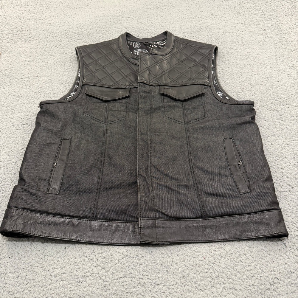 Mens Black Denim Leather Biker Vest 2XL Quilted Yoke Club Style Unik